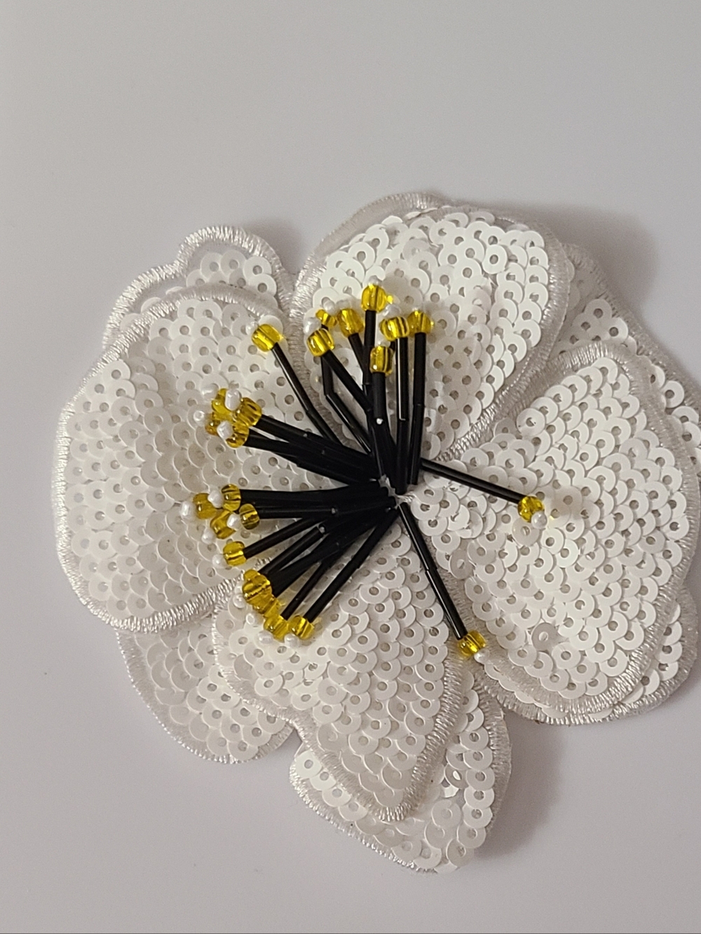3D Hibiscus Beaded Applique Sew On Patch Tropical Flower Sequins White Yellow